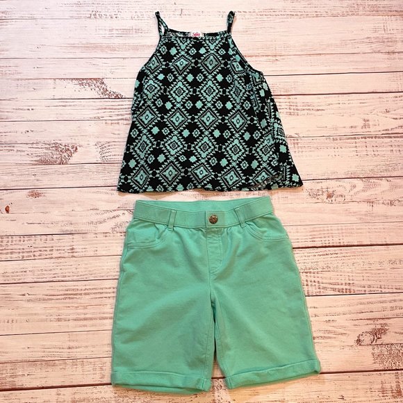 Girls Mint Green/Black Tribal Print Flowy Tank with Cotton Terry Shorts - Picture 1 of 5